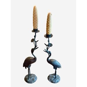 Early 20th Century Japanese Meiji Bronze Candlesticks Metal Crane Birds - A Pair